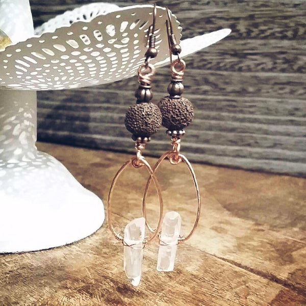 Essential oil diffuser earrings - quartz crystal, copper