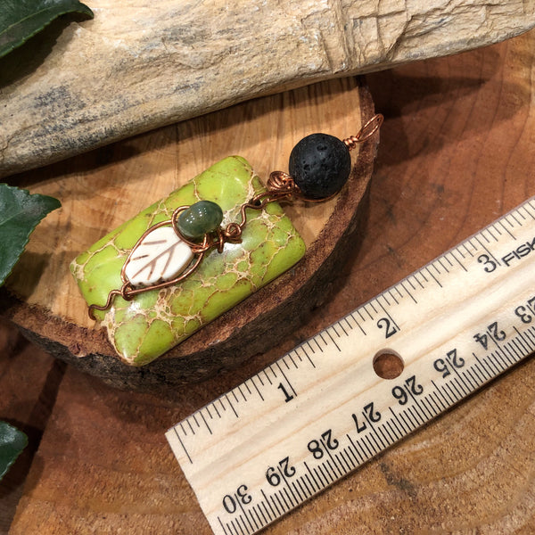 Essential oil diffuser necklace- nature-  leaf - green magnesite & copper
