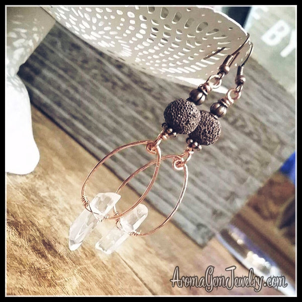 Essential oil diffuser earrings - quartz crystal, copper