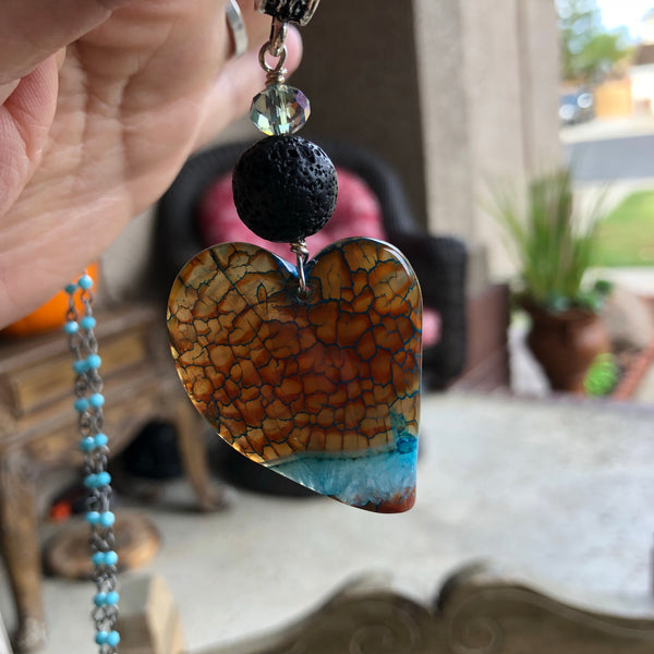 Essential oil diffuser necklace - brown/turquoise crazy lace agate asymmetrical heart