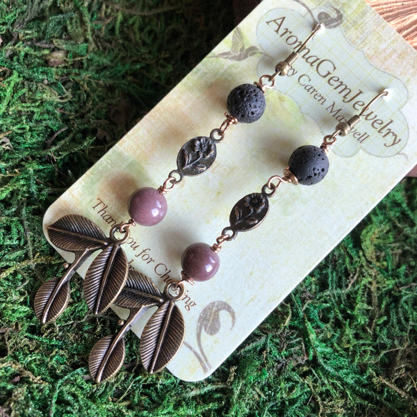 Essential oil diffuser earrings - antiqued bronze-leaf & fancy jasper