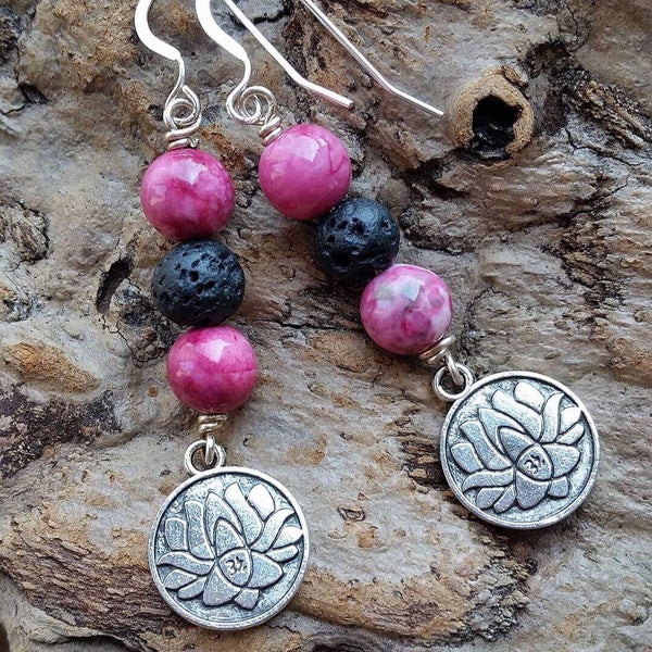 essential oil diffuser earrings -Lotus - rain drop jasper