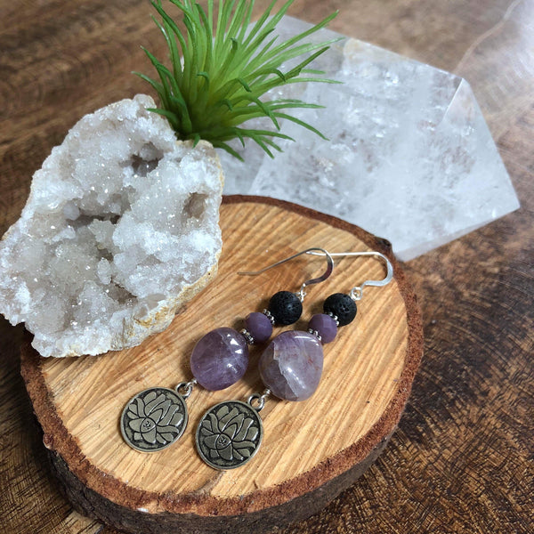 Essential oil diffuser earrings - Amethyst - lotus - Sterling Silver