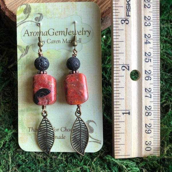 Essential oil diffuser earrings - antiqued bronze-leaf & coral