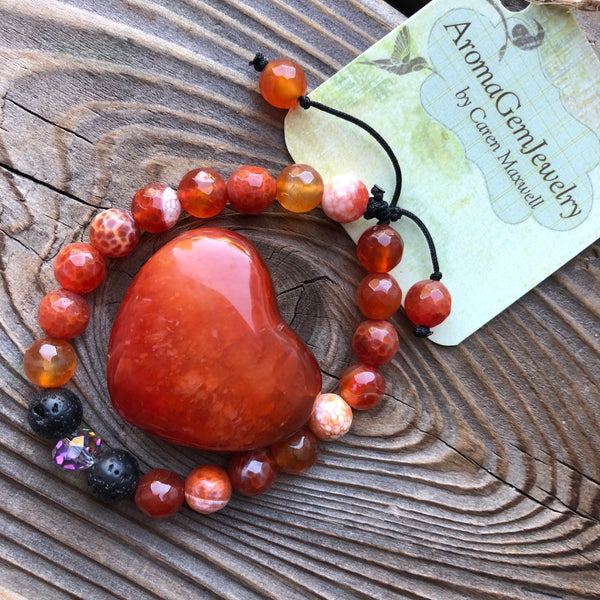 Essential oil diffuser bracelet & heart set- Carnelian