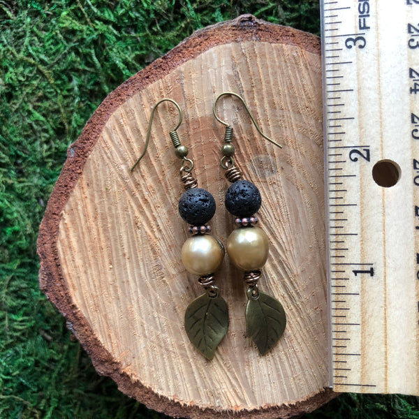 Essential oil diffuser earrings - antiqued bronze-leaf