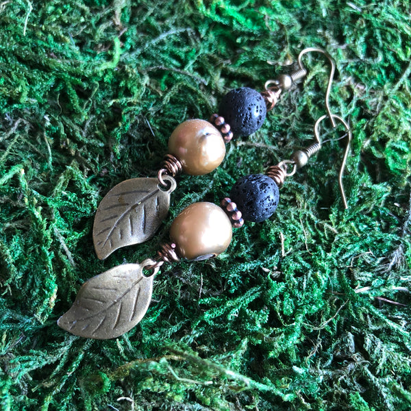 Essential oil diffuser earrings - antiqued bronze-leaf