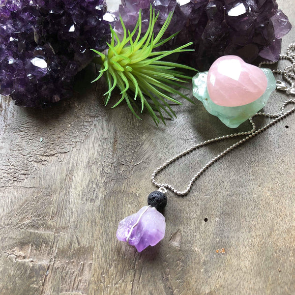 Essential oil diffuser necklace - raw amethyst cluster