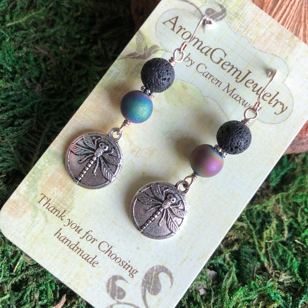 Essential oil diffuser earrings - sterling silver -leaf & rainbow druzy agate