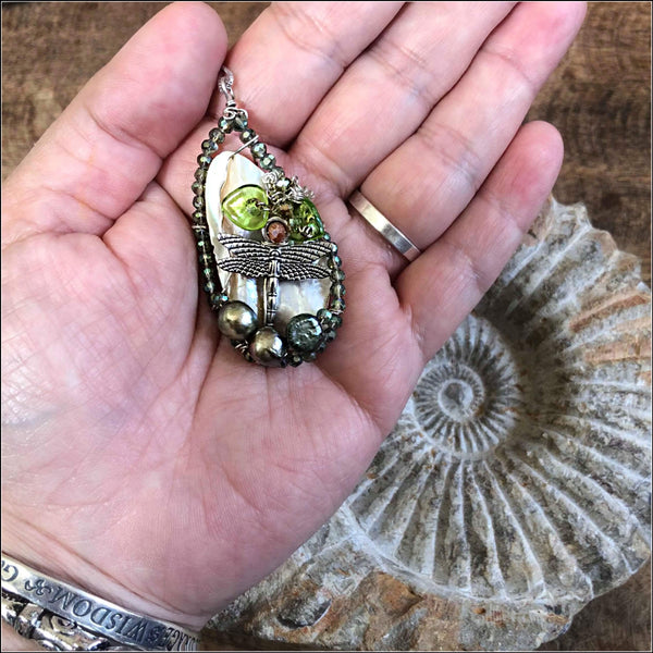 Intricate and gorgeous Wire wrapped cultured pearl dragonfly necklace - NOT AROMATHERAPY
