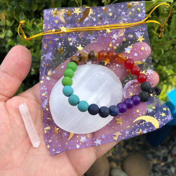 Chakra Essential oil diffuser bracelet set - with Selenite and Quartz crystal