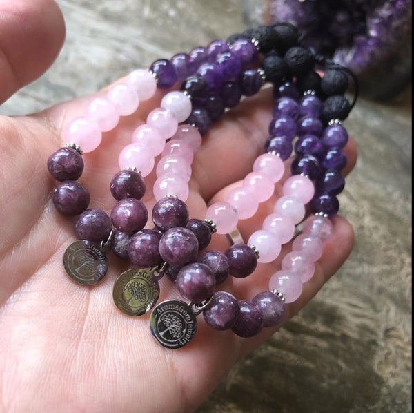 Essential oil diffuser bracelet - Amethyst, Lepidolite, Rose Quartz (Patience and Calm)