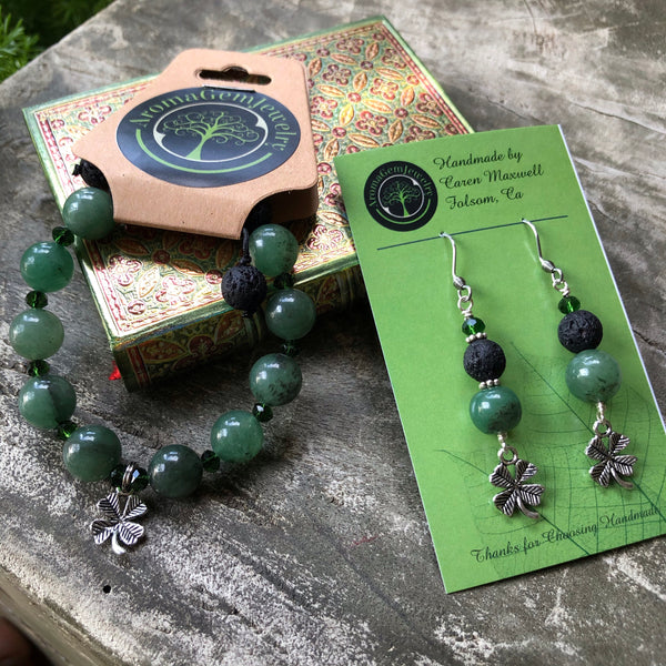Green Aventurine-Essential oil diffuser bracelet or earring- 4 leaf clover