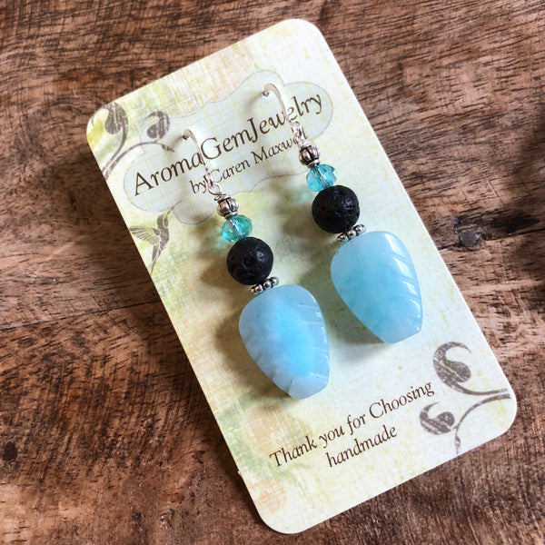 Essential oil diffuser earrings - aqua quartz - leaf - Sterling Silver