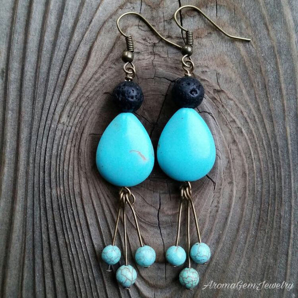 Essential oil diffuser earrings - blue Magnesite - antiqued bronze