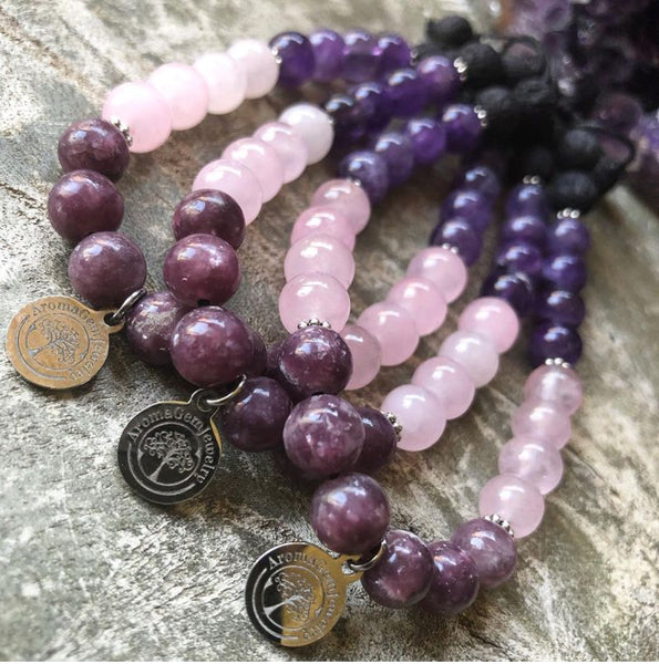 Essential oil diffuser bracelet - Amethyst, Lepidolite, Rose Quartz (Patience and Calm)