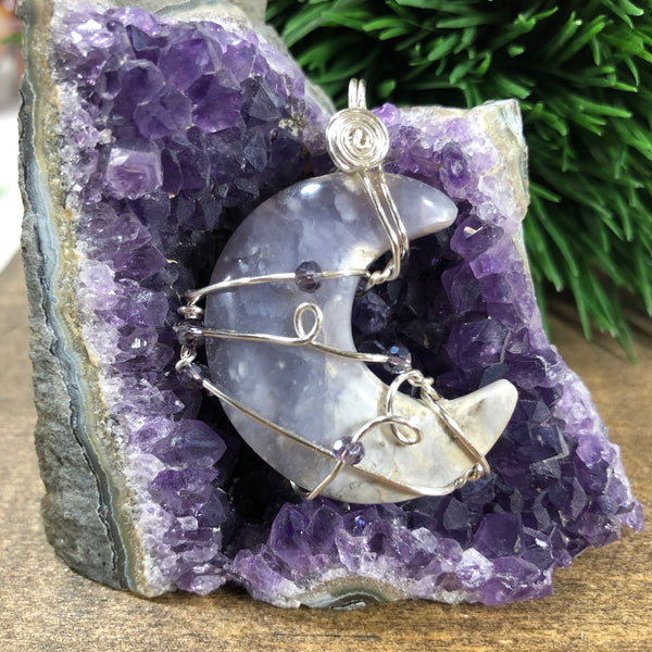 Wire wrapped Purple Chalcedony Crescent Moon Pendant