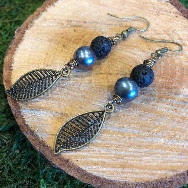 Essential oil diffuser earrings - antiqued bronze-leaf