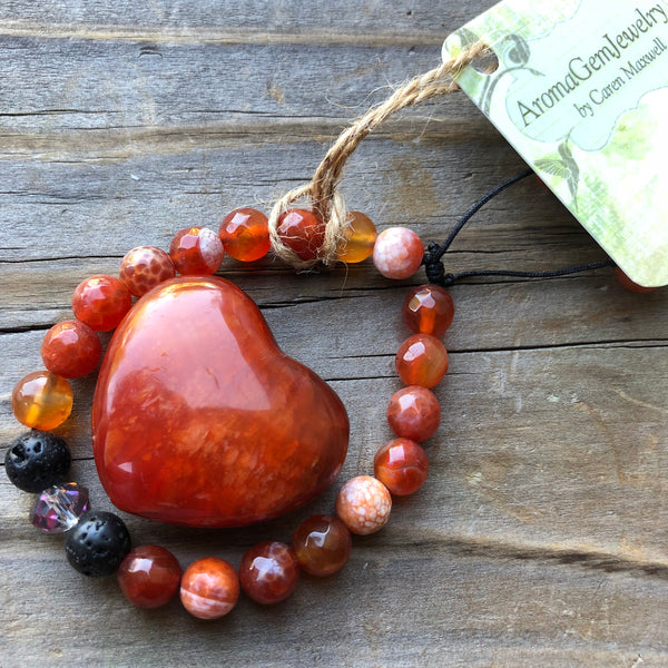 Essential oil diffuser bracelet & heart set- Carnelian