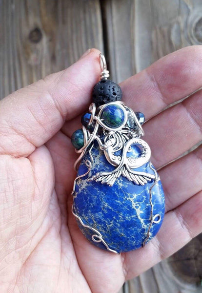 Essential oil diffuser necklace - mermaid pendant, magnesite, lapis