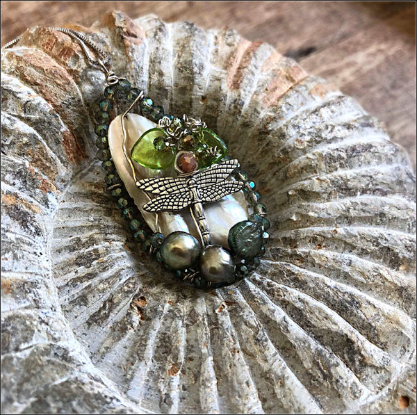 Intricate and gorgeous Wire wrapped cultured pearl dragonfly necklace - NOT AROMATHERAPY