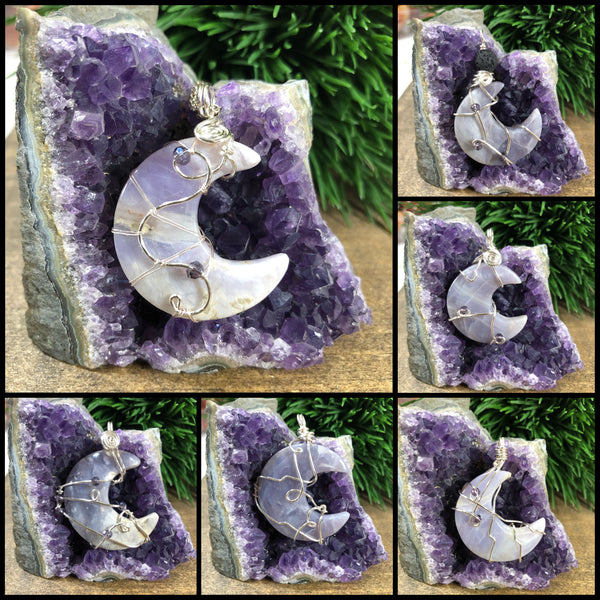 Wire wrapped Purple Chalcedony Crescent Moon Pendant