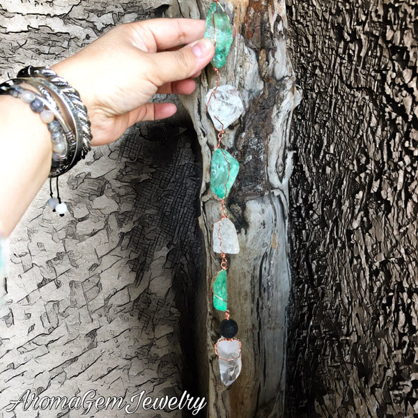 Sea glass, lava, quartz crystal sun-catcher, wind chime