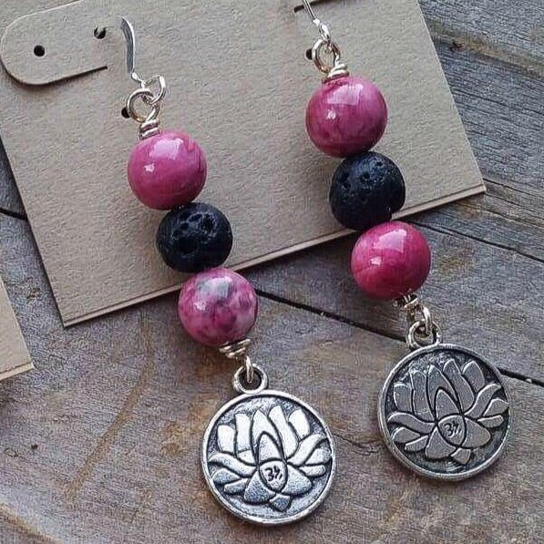 essential oil diffuser earrings -Lotus - rain drop jasper