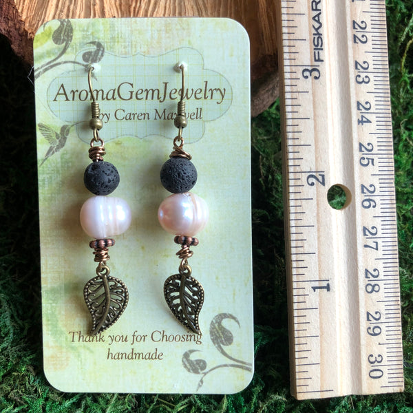 Essential oil diffuser earrings - antiqued bronze-leaf