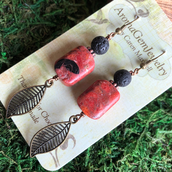 Essential oil diffuser earrings - antiqued bronze-leaf & coral