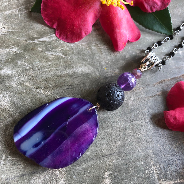 Essential oil diffuser necklace - purple & green agate
