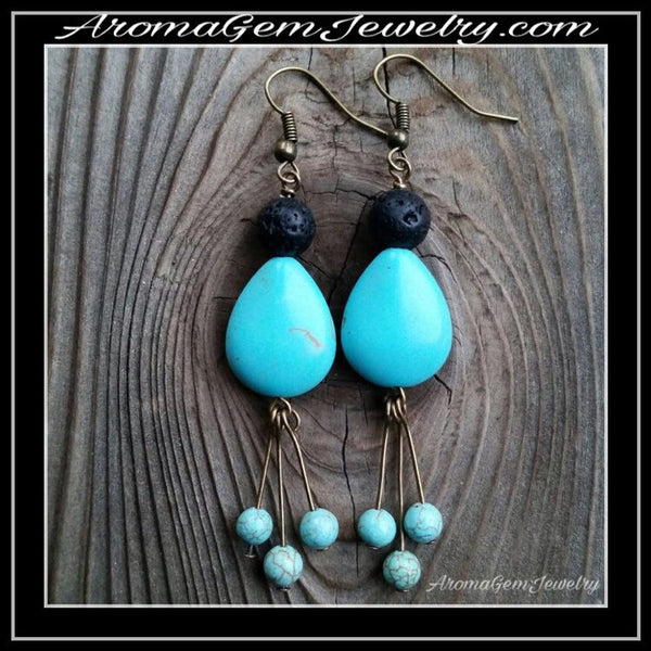 Essential oil diffuser earrings - blue Magnesite - antiqued bronze