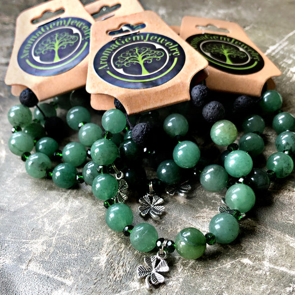 Green Aventurine-Essential oil diffuser bracelet or earring- 4 leaf clover