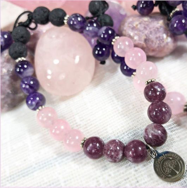 Essential oil diffuser bracelet - Amethyst, Lepidolite, Rose Quartz (Patience and Calm)