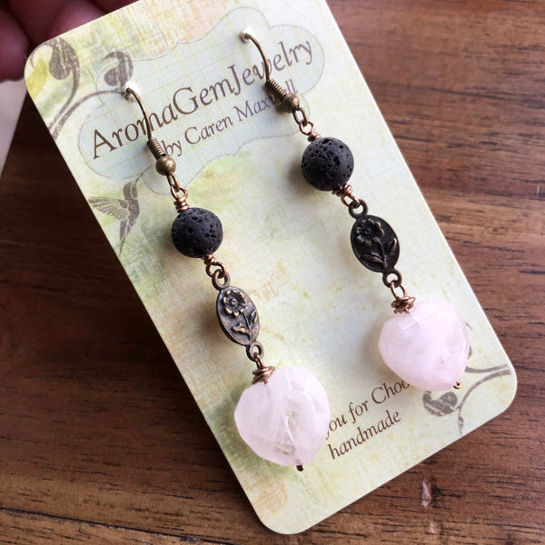 Essential oil diffuser earrings - Rose Quartz  - Sterling Silver