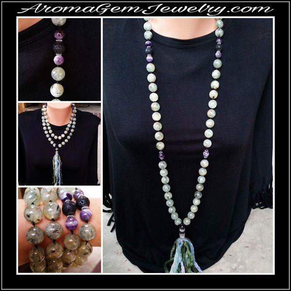 Essential oil diffuser necklace -Prehnite and Amethyst mala