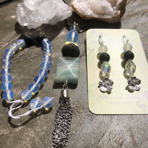 Essential oil diffuser earrings- opalite, silver flower - Sterling Silver earwire