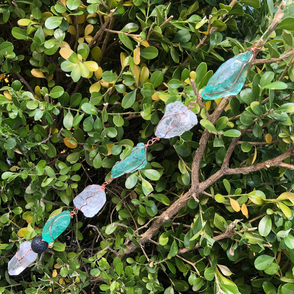 Sea glass, lava, quartz crystal sun-catcher, wind chime