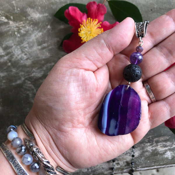 Essential oil diffuser necklace - purple & green agate