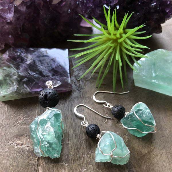 Essential oil diffuser necklace/earring set - raw flourite