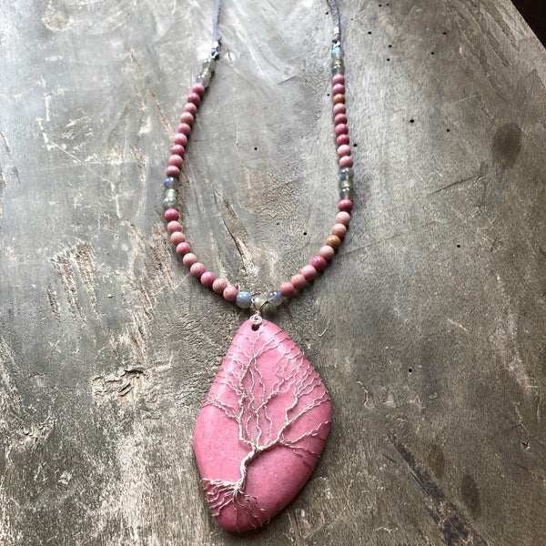 Rhodochrosite Tree of Life Aromatherapy necklace