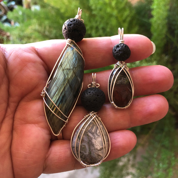 Essential oil diffuser pendant- sterling silver wire wrapped large Labradorite