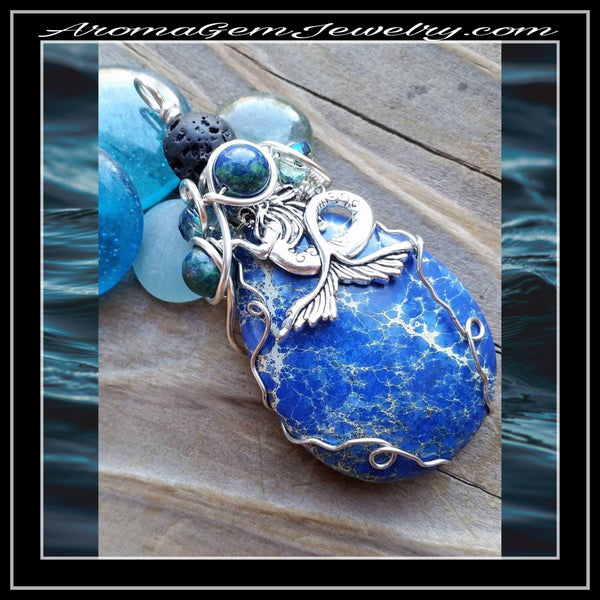 Essential oil diffuser necklace - mermaid pendant, magnesite, lapis