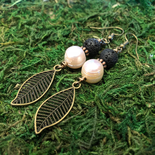 Essential oil diffuser earrings - antiqued bronze-leaf