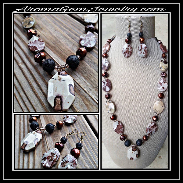 Essential oil diffuser necklace/earring set - Crazy Horse Jasper & cultured pearl