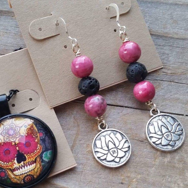 essential oil diffuser earrings -Lotus - rain drop jasper