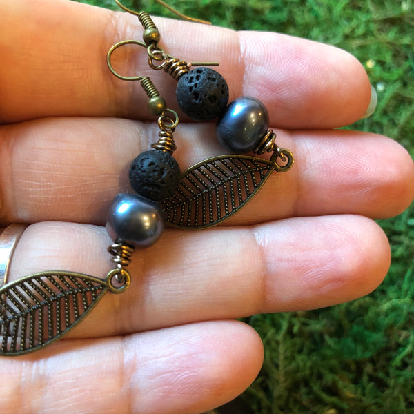 Essential oil diffuser earrings - antiqued bronze-leaf