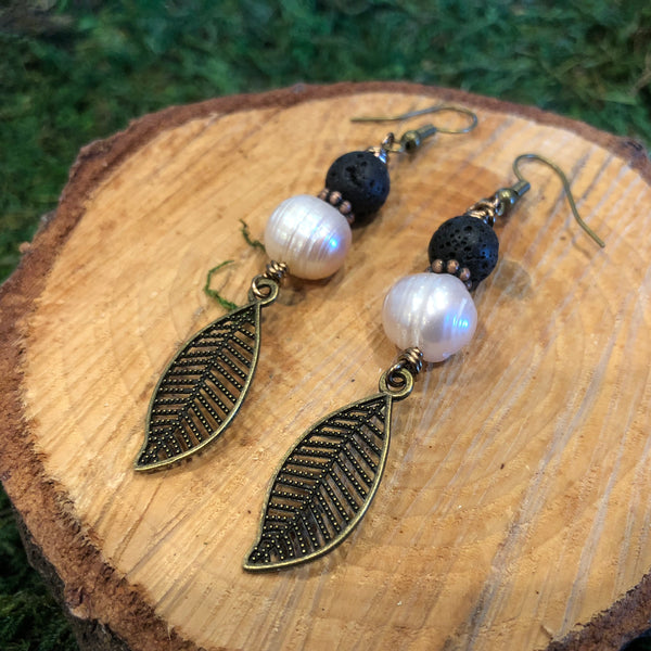 Essential oil diffuser earrings - antiqued bronze-leaf