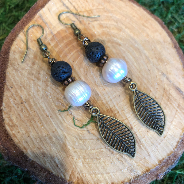 Essential oil diffuser earrings - antiqued bronze-leaf