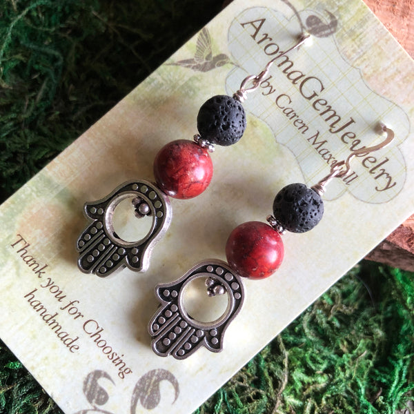 Essential oil diffuser earrings-hamza & red coral